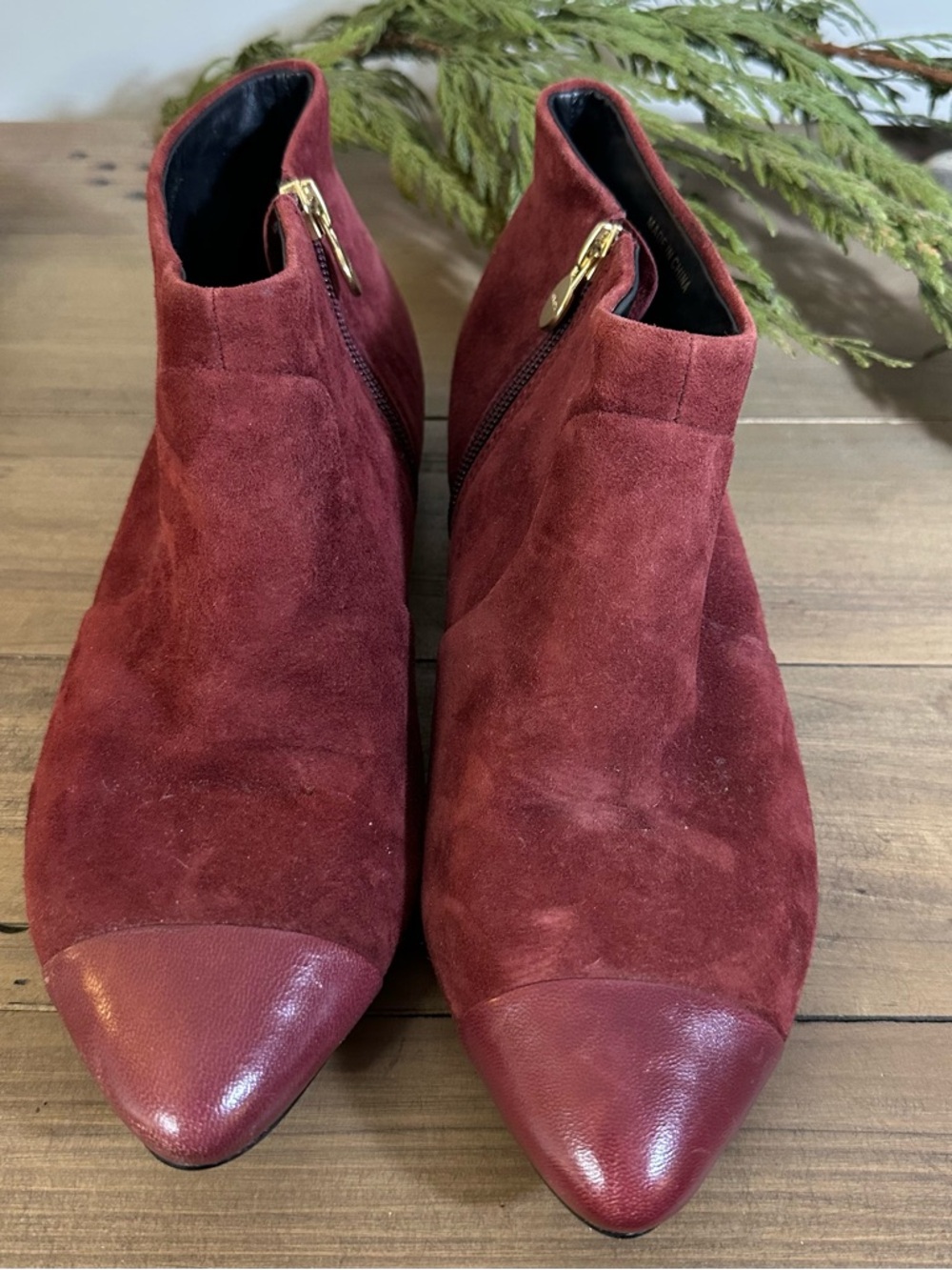 Geox Burgundy Suede Pointed Toe Ankle Booties with Gold Zipper